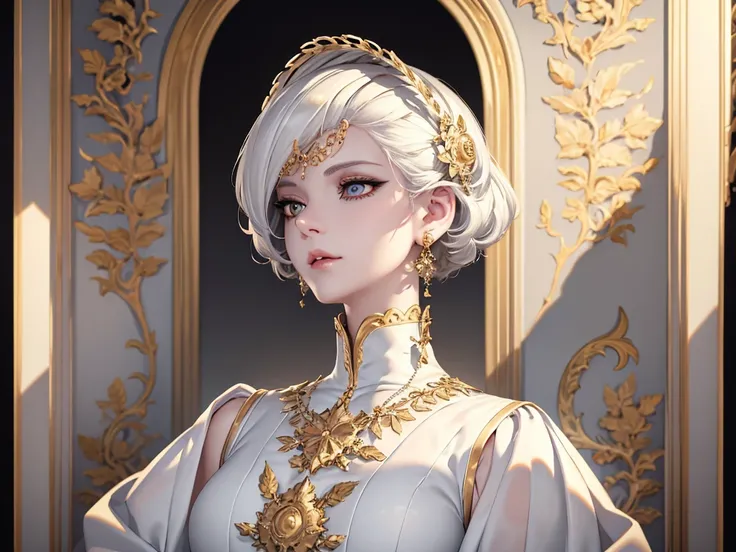 best quality, masterpiece, a portrait of white short hair lady, gold eyes,white clothes, royal clothes, menacing eyes, detailed hair, 8k, hd, highlight, grey background,