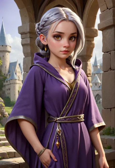 realistic, best quality, masterpiece, detailed, perfect face, fantasy, medieval, girl, young, adolescent, teenager, fair skin, silver hair, short hair, side braids, brown eyes, sorceress, sorceress robes, purple robes, long sleeved robes, short sature, ful...