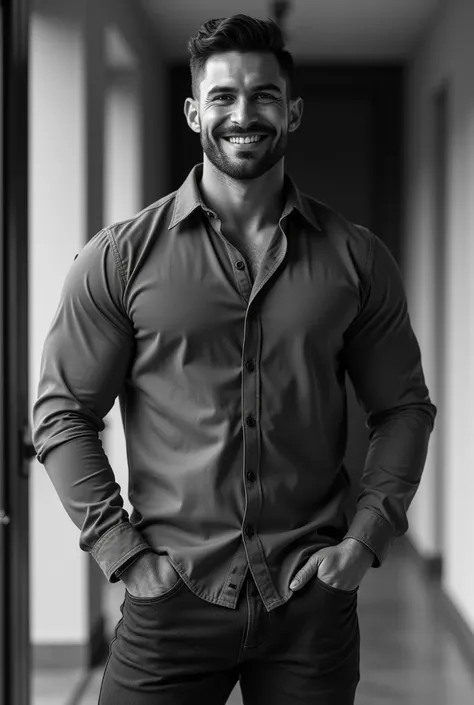 realistic, Chilean man, bodybuilder and handsome, smiling , strong and muscular legs, big lump, casual dress, Oxford Shirt, black and white, Elegant and fashionable, perfect face, Perfect eyes, with beard, sexy, realist,, , close up, a minimalist hallway 