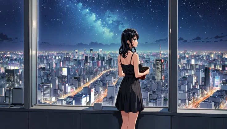 a black-haired woman looking out over the city of tokyo,night starry sky,streetscape、listen to music、japanese　black hair　cleavag...