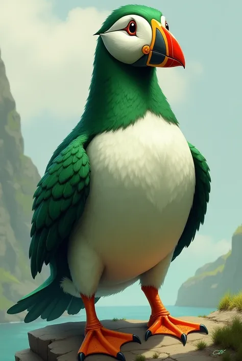 A green feathered puffin bird with a taller body, a longer and wider beak, a longer tail, and claws for feet with realism 
