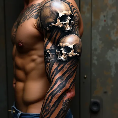 tattoo design, shiny stripes , mix of skulls, Arm tattoo