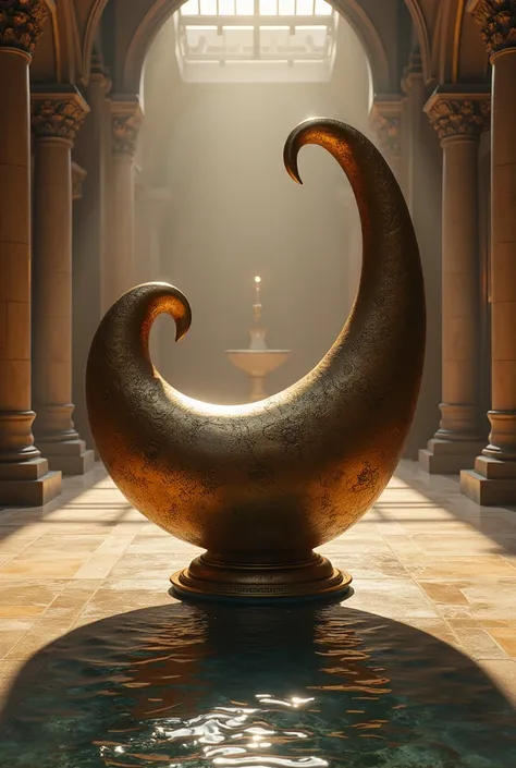 Show a big curvy horn filled with water in the big hall realistic image it has a big opening at top and colour is bronze