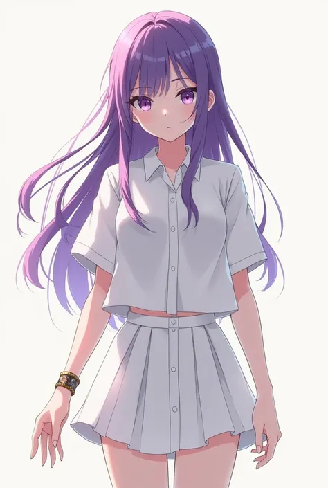 Make an anime picture with long purple hair, flat chested, sharp eyes, wearing a white oversized shirt and a minimalist white skirt, with a cute and pretty face and wearing a bracelet with an interesting hand pose.
