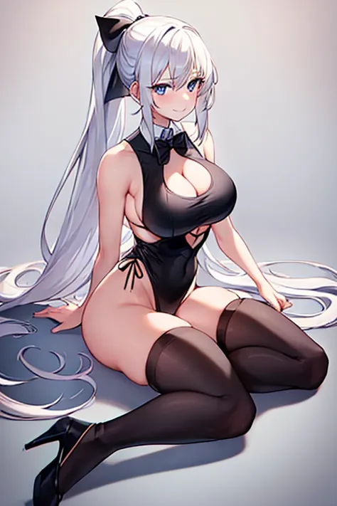 1girl, white hair, ponytail, long ponytail, long hair, large breasts, mature female, leotard, black leotard, cleavage cutout, underboob, thighhighs, black thighhighs, bare arms, smile, sleeveless, blue eyes, high heels, full_body, ((full body)), bowtie, ho...