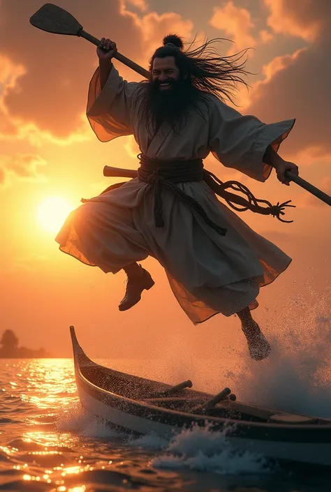 Duel on Ganryu Island。Miyamoto Musashi is a dirty ronin with long beard and hair.。Musashi smiled as he spread his arms.、Jump high into the sky from a small boat using an oar as a weapon。The background is the sun setting on the beach。