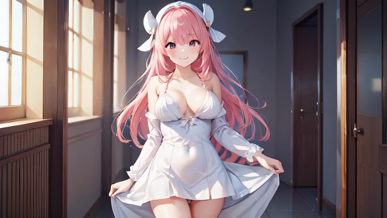 Look into the distance、Put your hands behind your back、White tong、Stockings、mini skirt、Swimsuit、dress、dress、Bathrobe、pink hair、best style、excited、best quality、Highest image quality、Slender、headgear、high quality、Happy smile、Sexy、extremely good、super high qu...