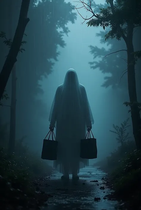 (photorealism:1.2),In the distance a ghost man holding two black bags, under the rain, in the dark night, In the woods 