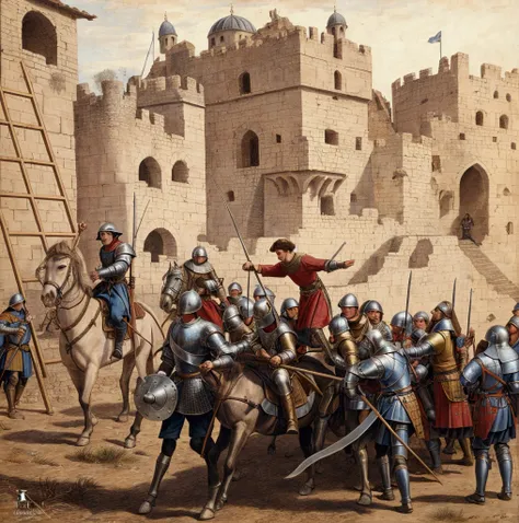 arafed image of a painting of a man on a ladder leading a group of men, joan of arc, battle of 1453, battlements with soldiers, the fall of constantinople, 1 5 6 6, medieval scene, middle ages, 1 4 9 3, medieval illustration, a medieval, battlements, medie...