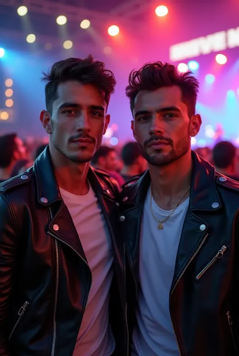 Create a realistic 2 Latin American man, White skin, slightly slanted brown eyes, short hair, dressed in a leather jacket and white t-shirt, You are at a concert and in the background you can see the stage in a blur., 9:16