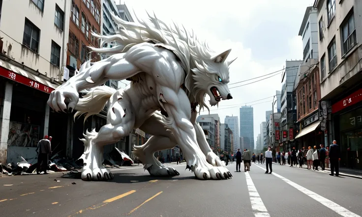 A (giant, white wolf monster) snarls at a Gundam, they are the same height, damaged streets of Neo Tokyo
