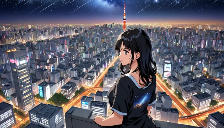 A black-haired woman looking out over the city of Tokyo,Night starry sky,Streetscape、listen to music、Japanese　Black Hair　Cleavage Skyscraper City　白いYシャツ