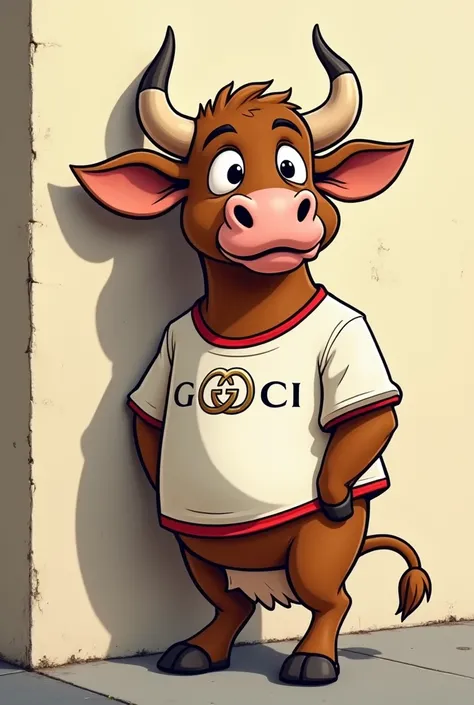 Create a bull with a Gucci t-shirt leaning against a wall but in cartoon style
