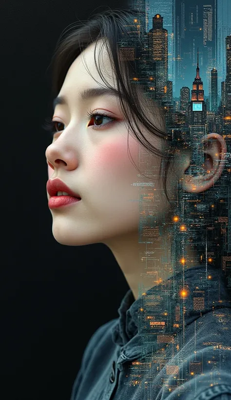 Portrait of a female, soft features, captured in an oil painting style blended with futuristic, surreal abstraction, minimalist yet highly detailed, incorporates elements of patina circuitry creating a harmonious morphism with the cityscape background, pre...