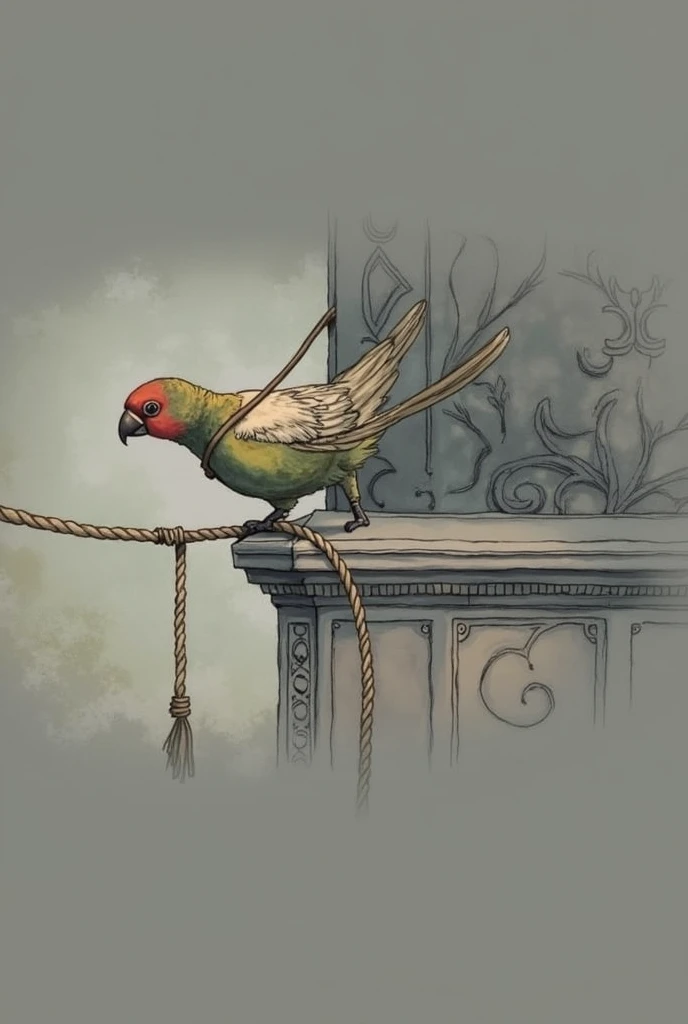 “Imagine a bird (Australian parakeet), standing on the ledge of a building, about to jump into the void, the problem is that its wings are tied with a thin rope around its fragile body, resignedly contemplating its imminent fate", masterpiece, add intricat...