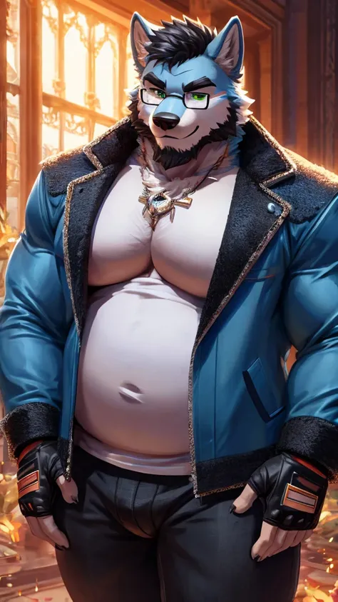 ((best quality)), ((masterpiece)), (Ultra detailed), ((4k)).

Male , Furry Anthro , Wolf , Light Blue , Light blue Fur , Fluffy , Adult , Black Short Hair , Black Beard , Big Boy , Chubby Fat Belly , Big Pecs Chest , Green Eyes , Handsome , Hunk.

Outfit (...