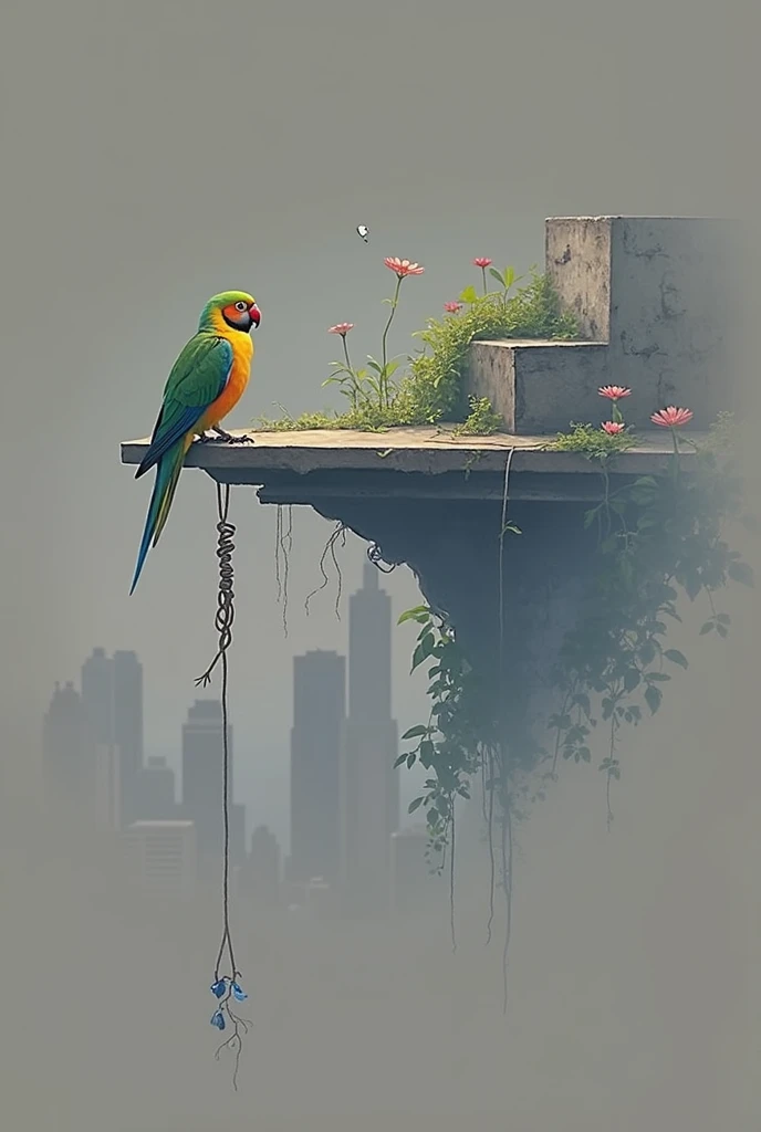 “Imagine a bird (Australian parakeet), standing on the ledge of a building, about to jump into the void, the problem is that its wings are tied with a thin rope around its fragile body, resignedly contemplating its imminent fate", masterpiece, add intricat...