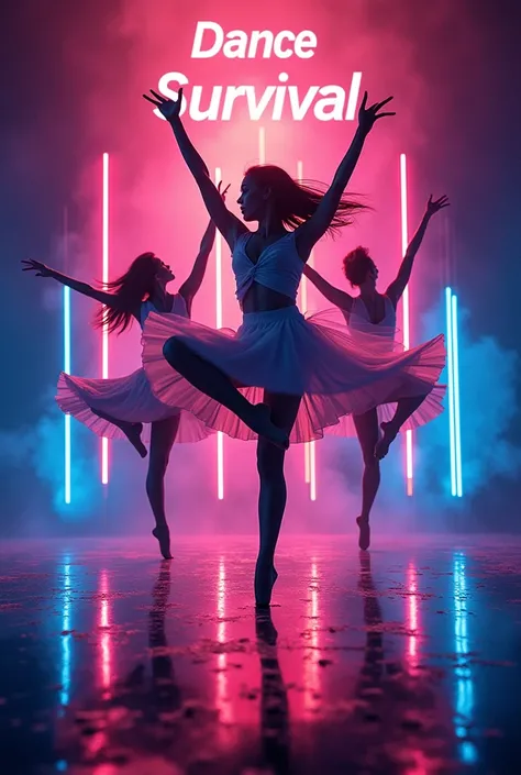 The dance competition poster has a cool message, glowing lights, and says Dance survival. There are pictures of 3 people dancing and the location, date, and time are specified.