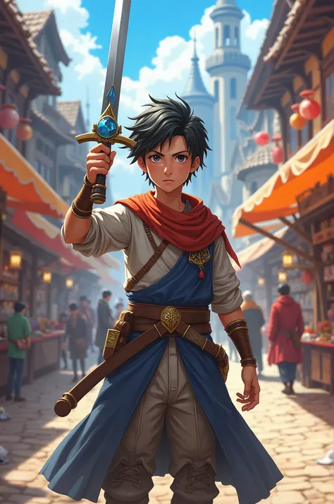 A young swordsman holding a sword. d&d. In a medieval shopping center. anime styling