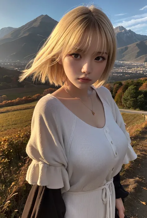 Female couple、Highest quality, Face Focus, Dark Light,Sad mood、 Ultra-high resolution,Big Breasts、Stylish clothing with attention to detail、Highest quality、Beautiful Landscape、High quality、Sad and worried face、autumn、Blonde Short Hair