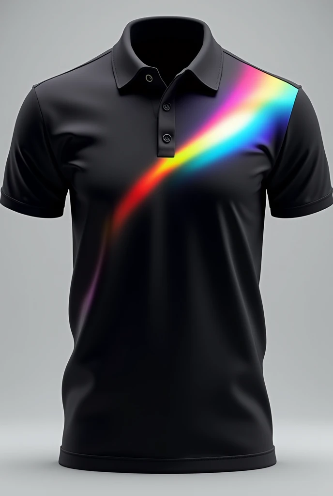 a black polo shirt with rainbow gradient details 