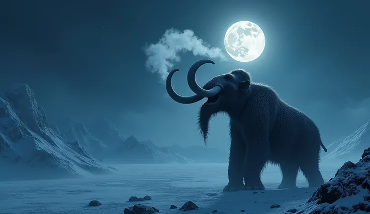 Aerial View,bright night,A bright moon,In the Arctic during the Ice Age,A mammoth raised its head, pointed its nose at the sky, and roared with its mouth wide open.,Wide viewing angle,High-altitude photography,
