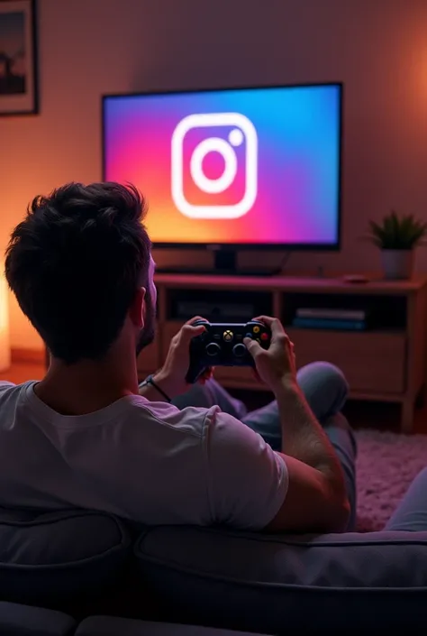 Create someone playing with a black Xbox 360 controller who is a man, the person playing and who is sitting on a sofa and on the TV screen is the Instagram logo but in cartoons.