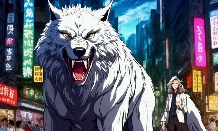 A (giant, white wolf monster) snarls at a Gundam, they are the same height, damaged streets of Neo Tokyo
