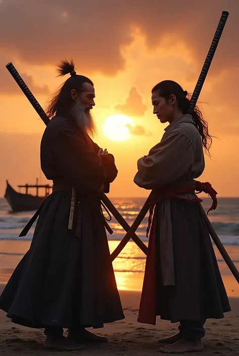 Duel on Ganryu Island。Miyamoto Musashi is a dirty ronin with long beard and hair.。Musashi smiled as he folded his arms.、Appears from a small boat。They carry long oars on their shoulders as weapons.。The background is the sun setting on the beach。The face is...