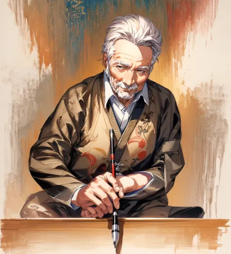 A man sitting on a chair，Illustration of a hand holding a pen, Hold a brush in his hand, The old man works hard, Artistic pose, Chinese writing brush pen illustration, stroke painting, Digital drawing, Brush Painting, Chinese Artists, Color Painting, Digit...