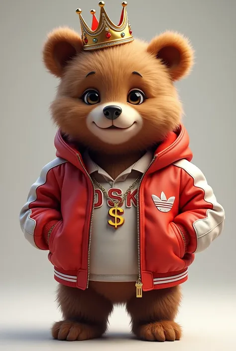 Young bear in red and white jacket with crown and polo shirt with OSk letters and dollar necklace 