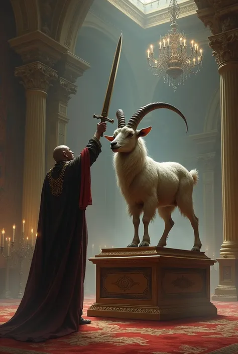 A goat is being sacrificed with a sword in the palace