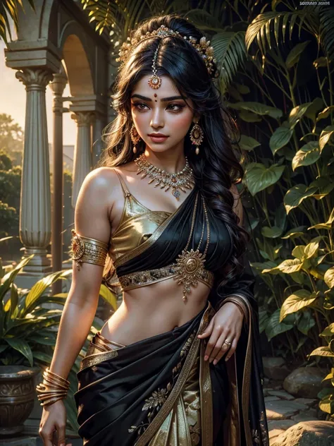 a gorgeous Indian girl wearing a flowing black saree, beautiful detailed eyes, beautiful detailed lips, extremely detailed face and features, long eyelashes, intricate saree patterns, ornate jewelry, serene expression, standing in a lush garden with vibran...