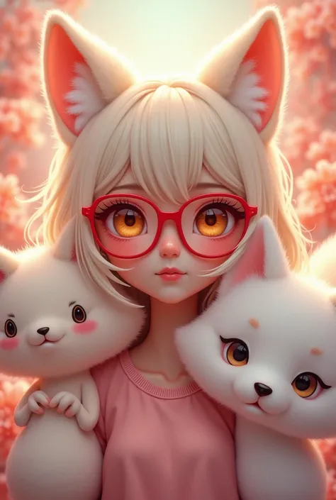 beautiful girl、fluffy、Red glasses、Mascots、White fox ears
