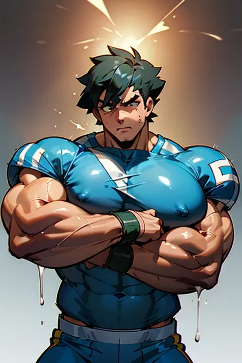 Ash Ketchum from Pokémon anime as a big dumb teenage muscular bodybuilder football jock in a weight room flexing and staring blankly with mouth gaping open as his eyes glow under hypnosis as he repeats, "Pump. Swell. Grow. Muscle. Dumb.... Jock.... I am .....