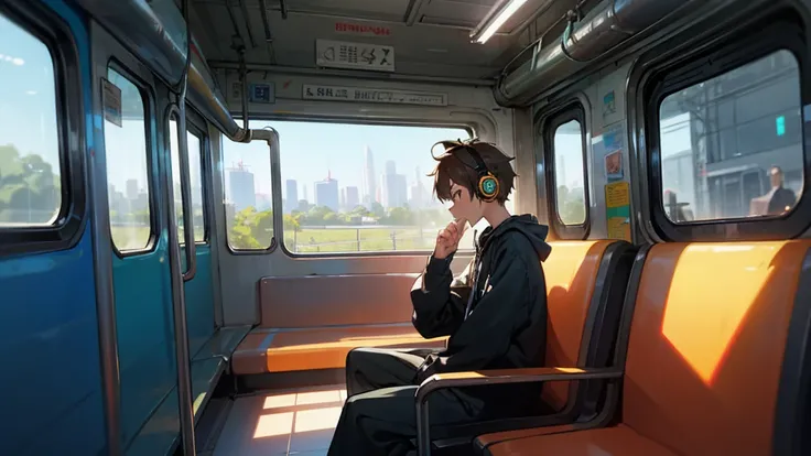 Subway, on train, boy in seat, headphones, pensive, looking out window, landscape concept art, studio art, background animation, train, boy, headphones