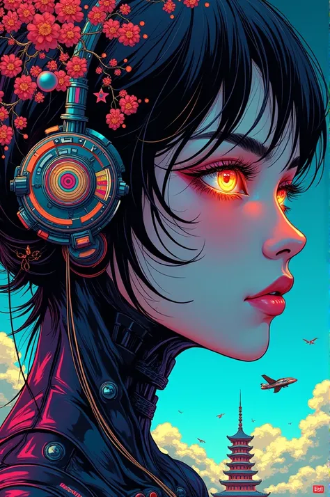 ((best quality)), ((masterpiece)), (detailed), perfect face of cyberpunk mecha japanese girl, neon rainbow eyes, metallic black body, rainbow hair, ((monochromatic neon rainbow color palette)), surreal, art nouveau, in the illustrative style of moebius, sp...