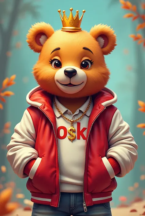 Young bear with red and white jacket and crown and polo shirt with letters OSk and dollar necklace 