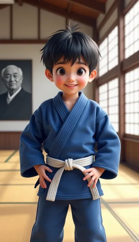 Judo Club Advertisement. boy . white boy. Dressed in a blue gi for Judo fighting, white belt. black hair, big black eyes, boy smiles. Against the backdrop of a large spacious hall with large windows, on the tatami floor for wrestling. On the wall there is ...