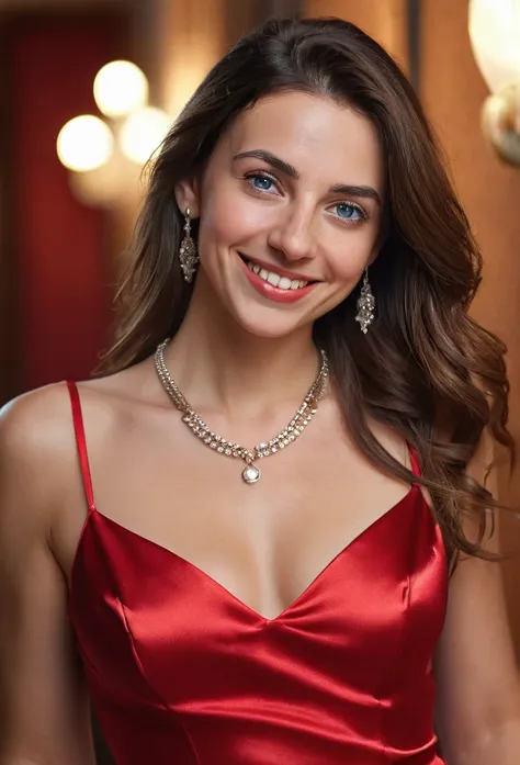 a beautiful young Spanish woman with long brunette hair, wearing a shiny red satin sheath dress with spaghettistraps, necklace, look into the camera, Wait for it, to be kissed, happy smiling facial expression, perfect blue eyes, extremely detailed skin, Tr...