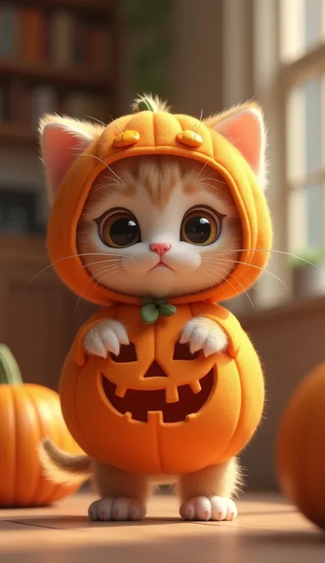 3D cute kitten character、Stand on hind legs、Happy Halloween pumpkin mascot costume、Inside the house､masterpiece, Background Blur, 