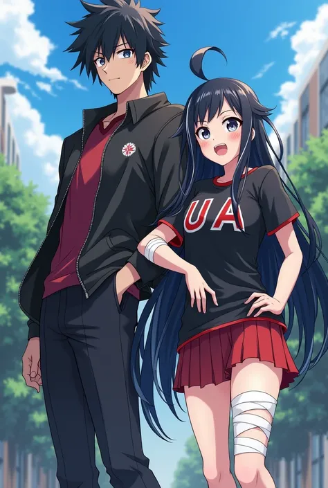 Create an anime girl with a UA shirt from boku no hero Academia with long black hair with white streaks, with dark blue eyes with black and a bandage on her right arm covering a large wound and a short skirt, Make her full body and have her next to Shoto T...