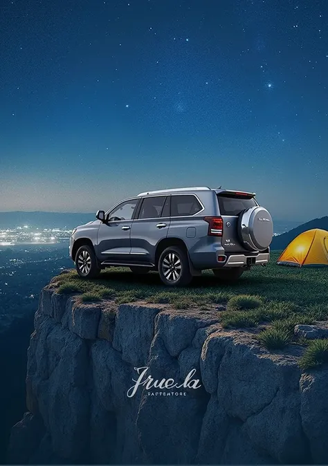 A serene scene unfolds as a sleek vehicle parks precariously on the edge of a lush green cliff, its metal exterior glistening in the soft light of nightfall. A colorful tent stands sentinel beside it, flapping gently in the breeze. The citys twinkling ligh...