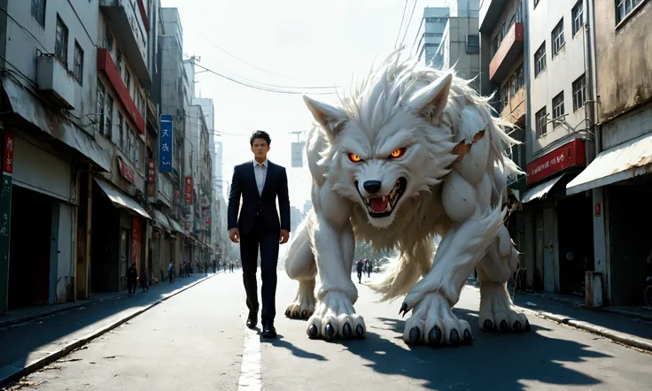 A (giant, white wolf monster) snarls at a Gundam, they are the same height, damaged streets of Neo Tokyo