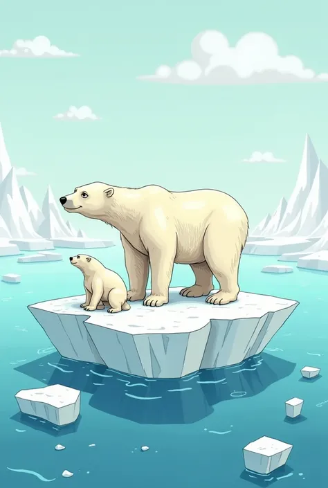 Now it shows in an animated way, like a not so realistic paper drawing, the polar bears in the problem of deglaciation on an iceberg and the bears are very thin.


