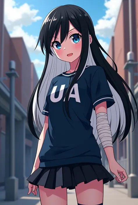 Create an anime girl with a UA shirt from boku no hero Academia with long black hair with white streaks, with dark blue eyes with black and a bandage on her right arm covering a large wound and a short skirt, Make her full body and have her next to Shoto T...