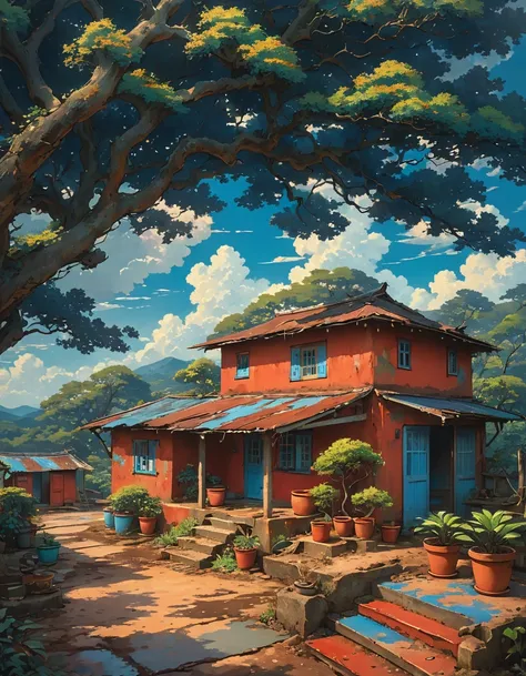 aerial view, an indian mud hut, big tree in muddy verandah, worn off paint, red door and windows, worn off paint, old broken tin roof, blue door, stairs, rural scene, tree branch in foreground, evening time, plant pots, shadow of tree branches, blue sky, s...