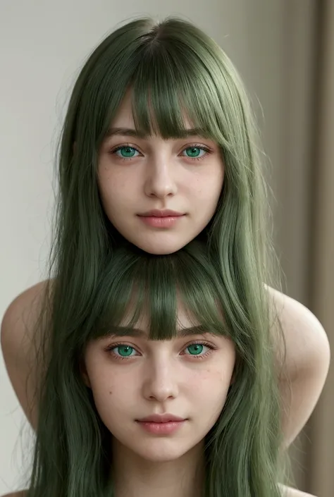 a girl. European. Extremely detailed face. Oval face. Delicate facial features. Half-closed eyes. Long straight hair. Messy hair. Bangs. Green hair. Green eyes. Lustful expression. Shy. Slight smile