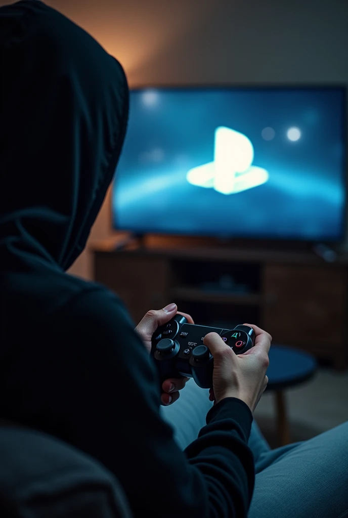 Create someone playing with a black PlayStation 3 controller so that the person cannot be seen, only their hands, who is sitting on a sofa and on the TV screen is the PlayStation 3 start screen. 