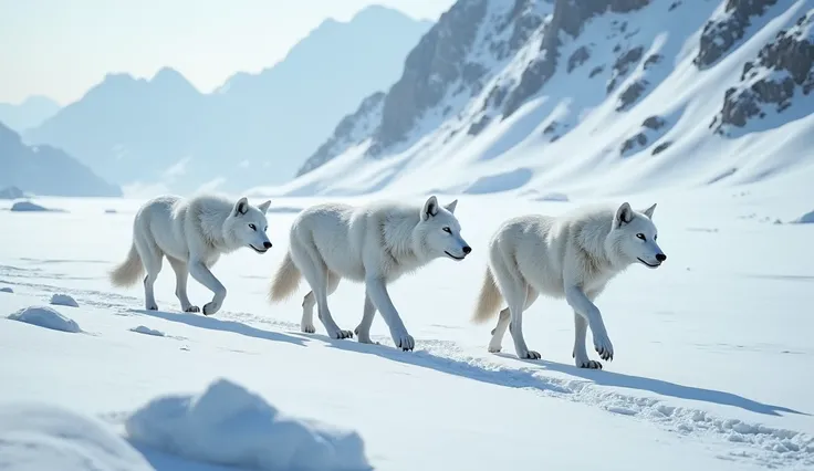 Aerial View,In the Arctic during the Ice Age,Three snow wolves walking together in the snowy mountains,Their footprints are all over the road,Wide viewing angle,Meticulous details,High-altitude photography,HD,3d
